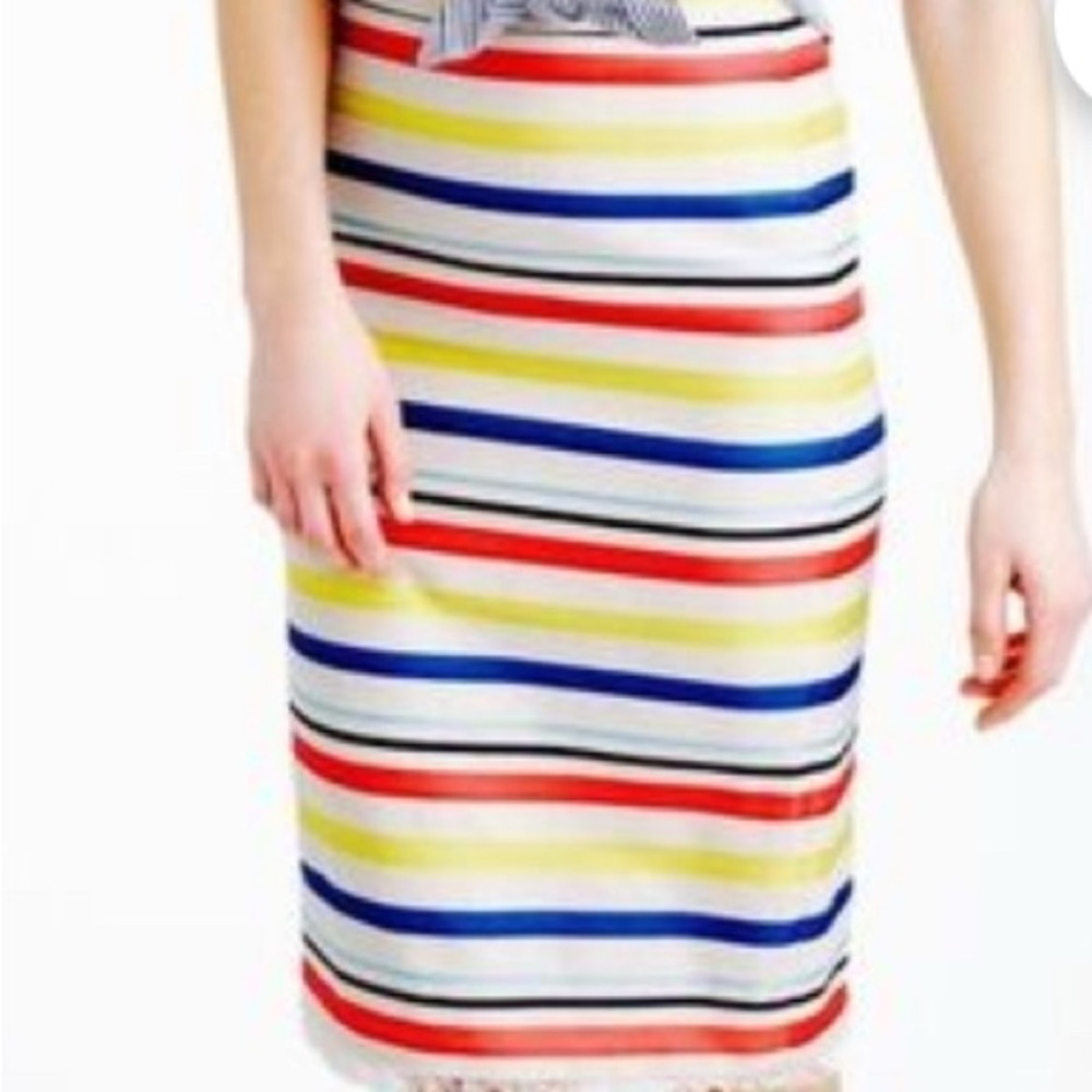 J Crew knee fringe pencil Striped coral red yellow blue black cream Skirt knee 8